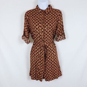 Julia Retro 70s Mini Shirtdress Womens S Brown Tie-Waist Geometric Bohemian